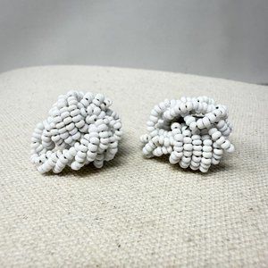 White Seed Bead Knot Earrings Vintage Screw Back Classic Retro‎